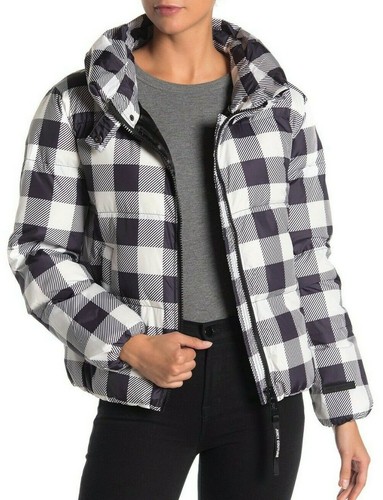 NWT Juicy Couture SzM Funnel Neck Plaid Puffer Jacket Black White