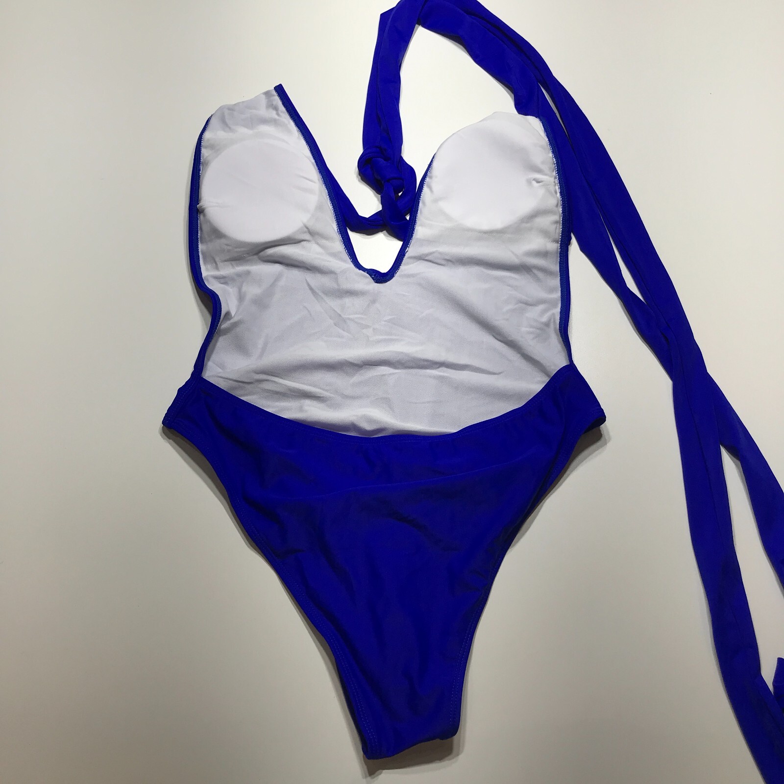 One Piece Swimsuit Womens Size Large Halter Backless Royal Blue Deep V-Neck NEW-image