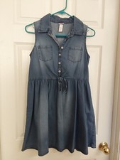 Justice Girls Distress Denim Sleeveless Dress Button Top Flare Bottom Size 16