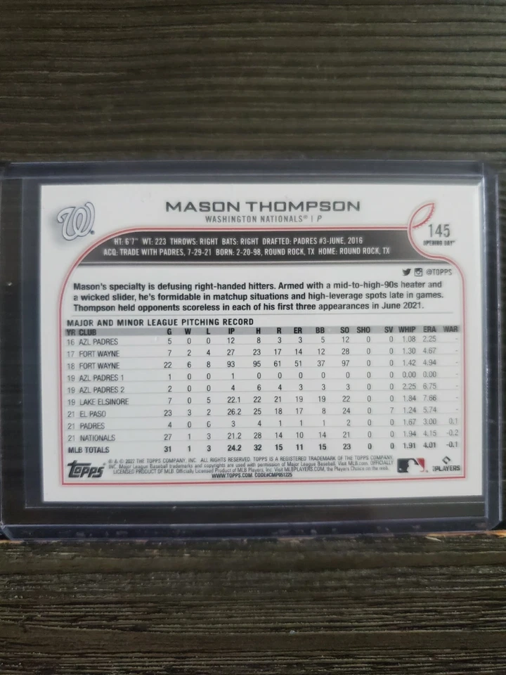 2022 Topps Opening Day Blue Foil BASEBALL ROOKIE Parallel #145 MASON THOMPSON - Image 2 of 2