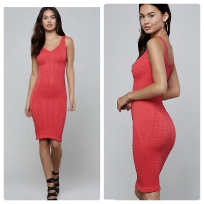 bebe red bodycon dress Bebe Women's Puff Sleeve Bodycon Dress, Size Small in Crimson Nylon/Spandex