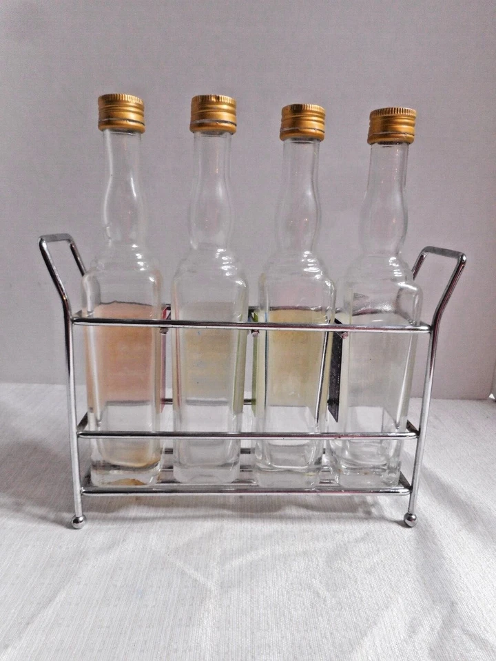 Coffee Bar 4 Empty Flavoring Bottles 3.4oz Size W 4 Section Metal Rack 8"x2"    - Image 3 of 4