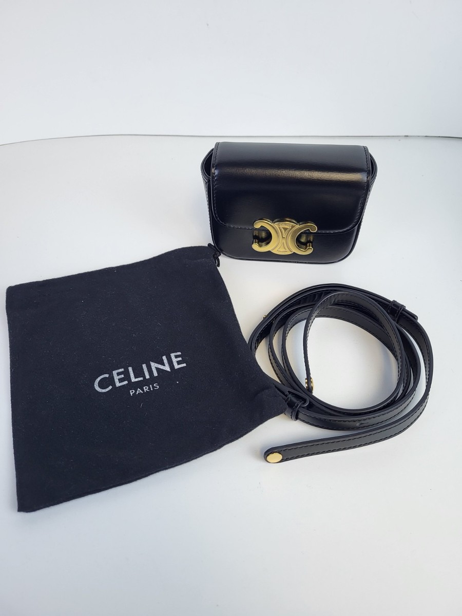 ★関税込★CELINE★Mini Triomphe Bag in Shiny Calfskin Black CELINE MINI TRIOMPHE IN SHINY CALFSKIN BLACK