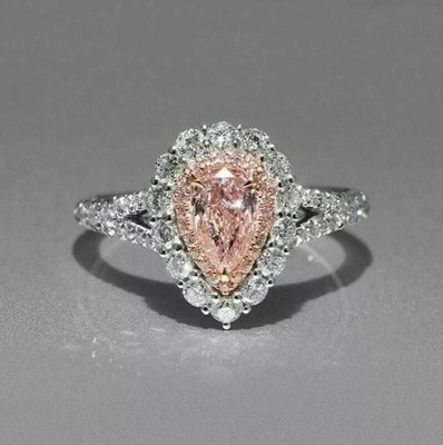 3Ct Pear Cut Lab Created Pink Sapphire Halo Wedding Ring 14k White Gold Finish