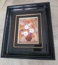 Tableau peinture en émaux Limoges email émaillé signé DM déco Bouquet de fleurs