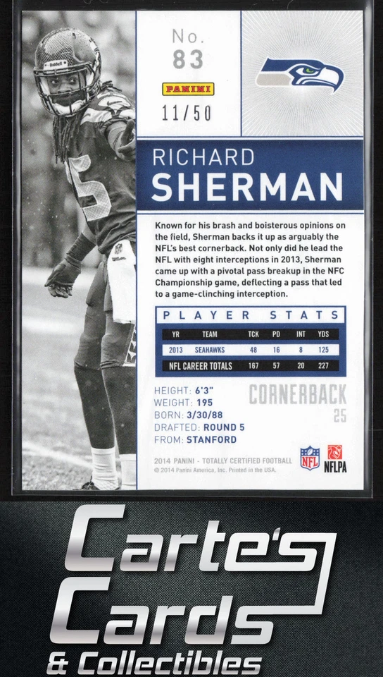 Richard Sherman 2014 Panini Totally Certified #83 Platinum Blue Seahawks 11/50 - Image 2 of 2