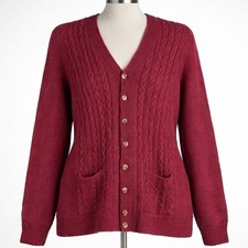 Vintage Cable Knit Wool Button Cardigan Size M Red Preppy Fisherman Academia Ivy
