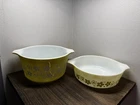 Vintage Pyrex 471 & 473 Spring Blossom Crazy Daisy Green Bowl Casserole Set