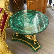 Green Round Coffee Table Top Handmade Random Malachite Overlay Inlay Stone Decor