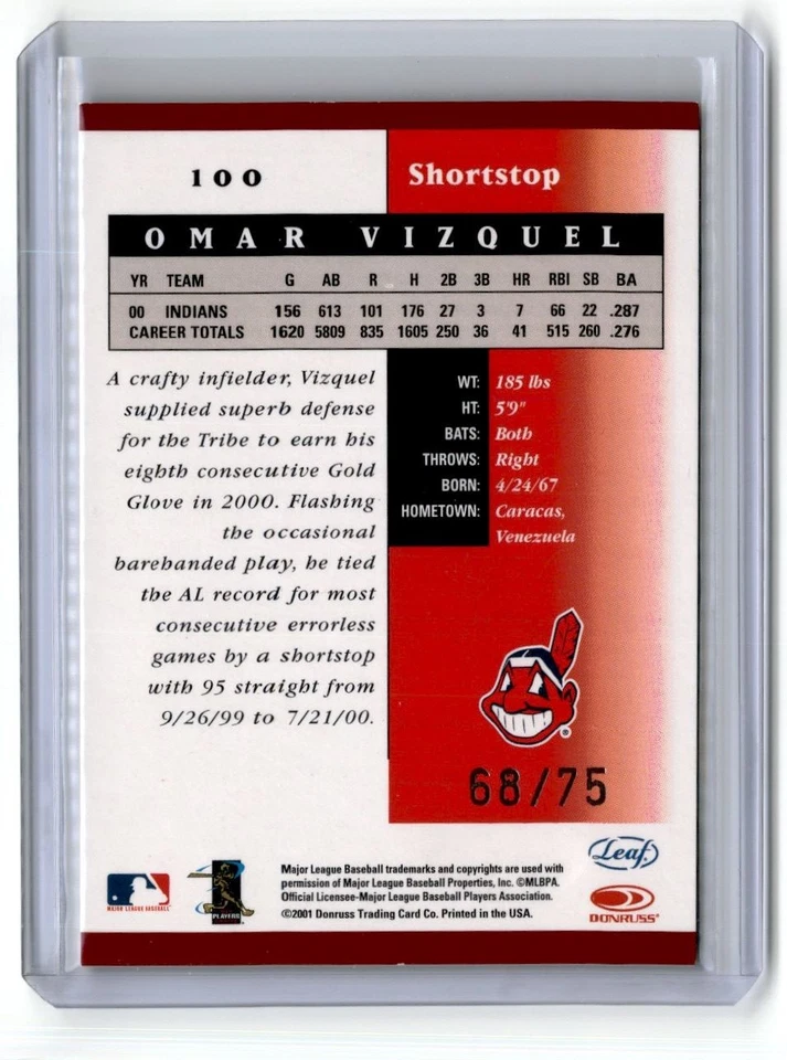 2001 Leaf Certified Materials Mirror Red Omar Vizquel 68/75 Cleveland Indians - Image 2 of 2