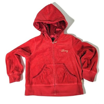 DKNY Kids Velour Full Zip Hoodie Red Satin Lined Y2K Streetwear Size S Exc