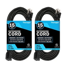 Thonapa 2 Pack of 15 Ft Black Extension Cords - 16/3 Heavy Duty Outdoor