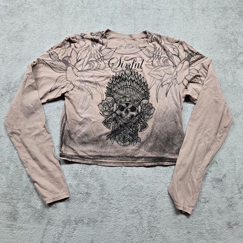 Camicia manica lunga donna Sinful by Affliction XL colore salmone teschio rose fiore