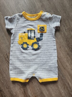 John Deere Baby boy One Piece Gray yellow striped Bodysuit size