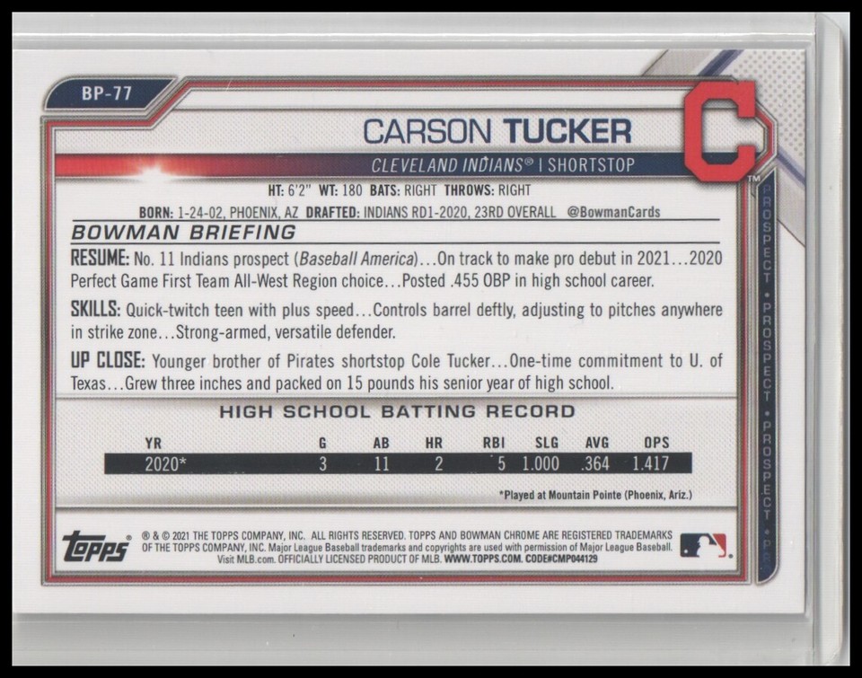 2021 Bowman #BP-77 Carson Tucker Cleveland Indians Baseball Card | eBay