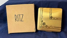 Vtg RITZ Compact Unused Mirrored Powder Box With Puff In Original Box