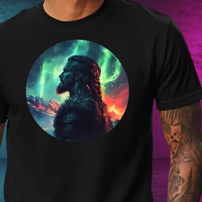 Mens Viking Northern Lights Print Cotton T-Shirt Size XS to 5XL