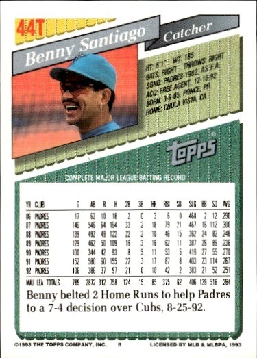 1993 Topps Traded #44T Benny Santiago - Image 2 of 2