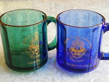 2 Vtg Colbalt Blue Green Glass Coffee Mugs Made In USA Heavy Company Logo