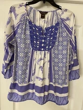 Multiples Blue and White Embroidered Tunic - size Small