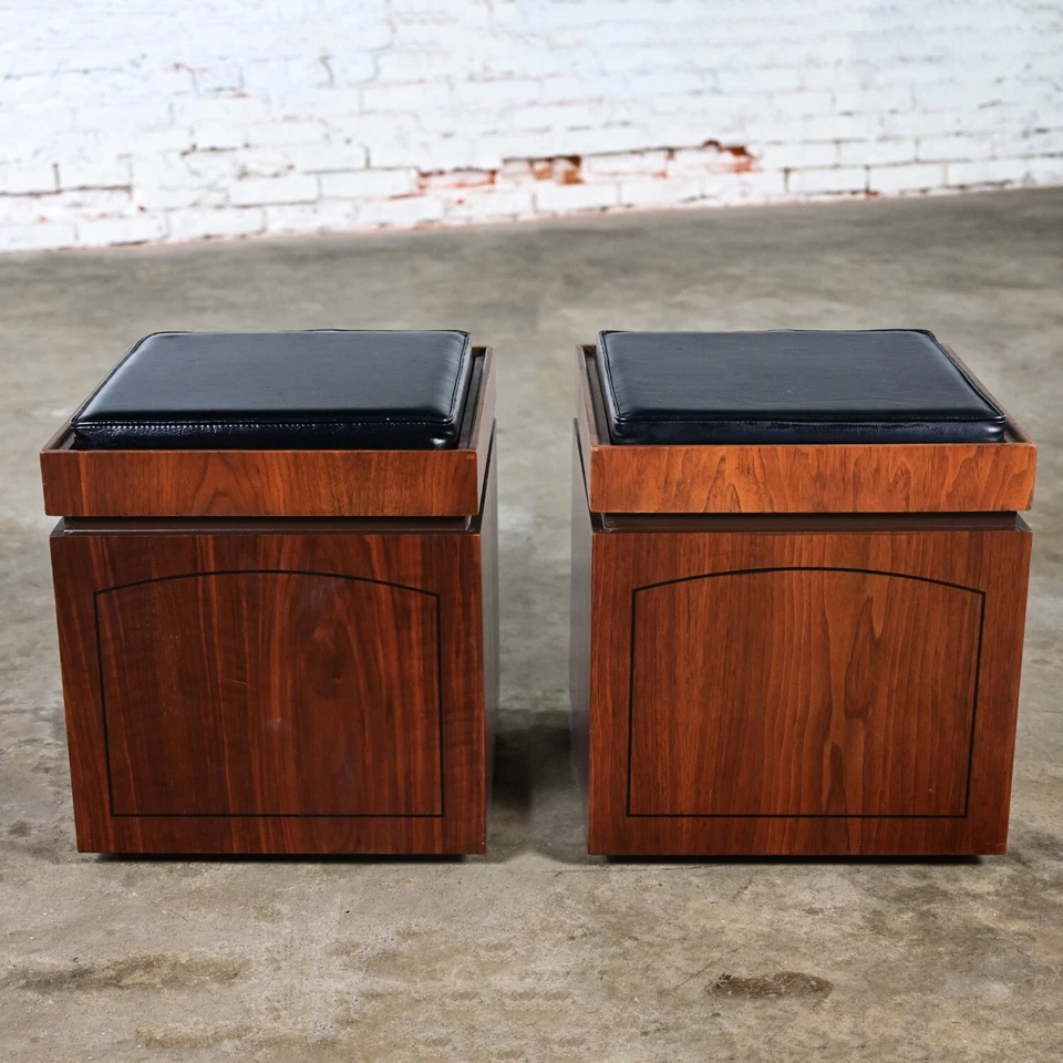 Pr Lane Rolling Cube Storage Ottoman End Tables Game Board Black Vinyl Flip Top - Image 2 of 4