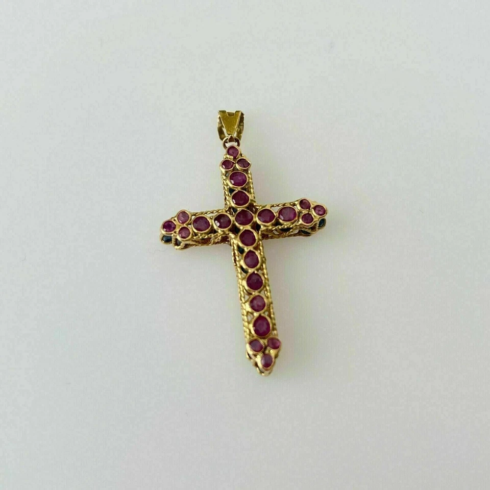 3Ct Round Cut Red Ruby Cross Vintage Pendant 14K Yellow Gold Finish Free Chain - Image 3 of 4