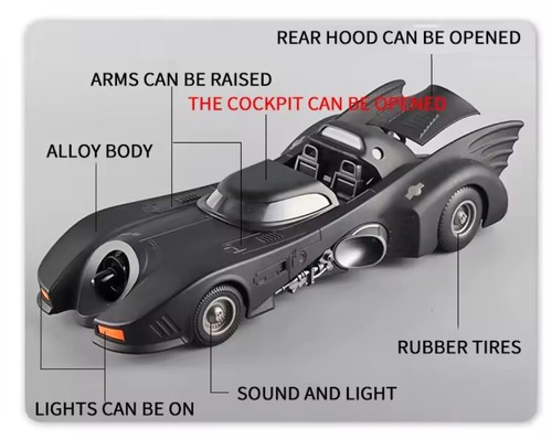 1:18 Scale The Batman Batmobile 1989 DC Comics Diecast Car Toy with Lights NEW - Imagen 2 de 7