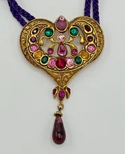 CHRISTIAN LACROIX Multicolored Gold Heart Pendent Statement Necklace, France Vtg
