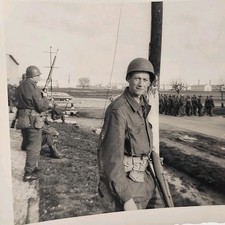 US Army Soldier Handsome Young Man Uniform Holding Gun Rifle VTG Snapshot Photo
