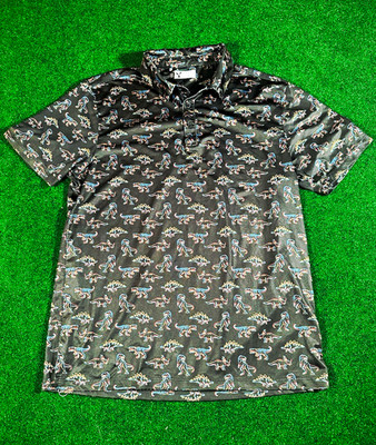 Yatta Golf Polo Shirt Men's M Black Dinosaur All-Over Short Sleeve Stretch
