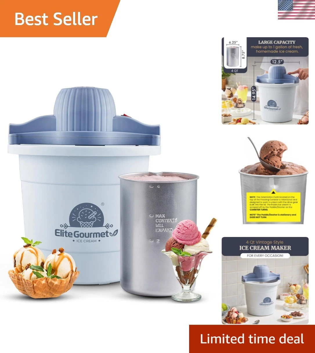 4Qt Electric Ice Cream Maker Delicious Homemade Ice Cream, Gelato, Sorbet, Fr...