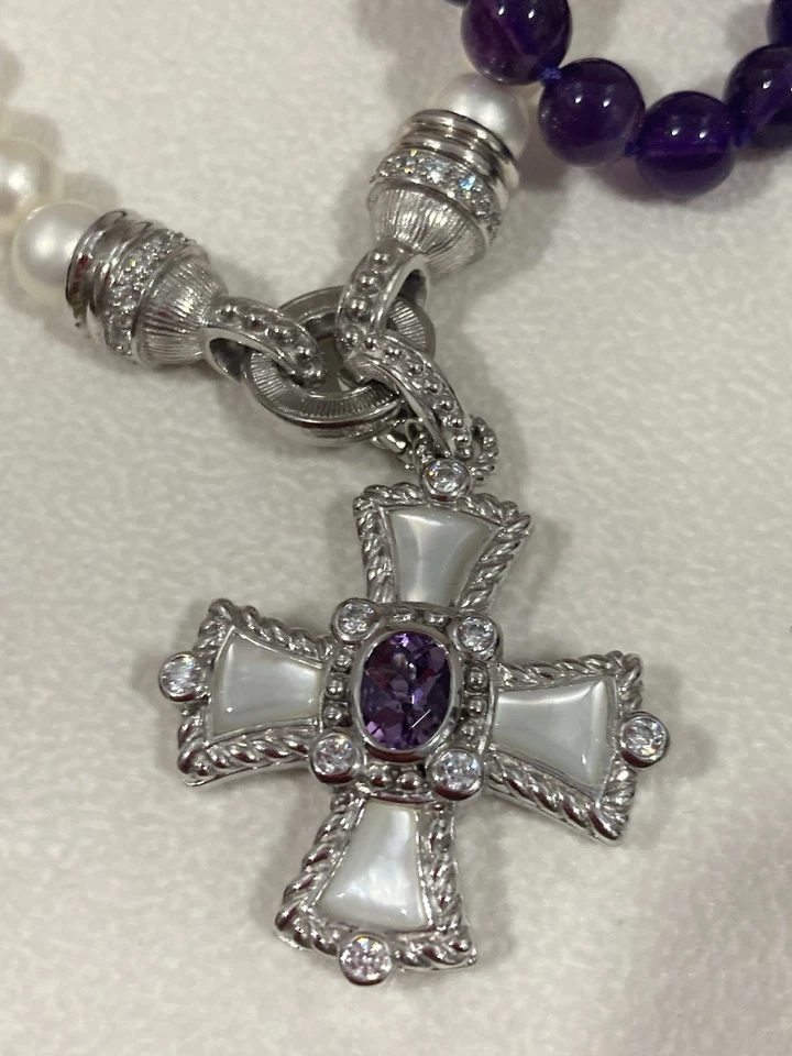 Colares cruzados Judith Ripka prata esterlina ametista e contas de pérola MOP CZ na caixa - Imagem 3 de 4