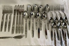 UNF205 Stainless JAPAN Black Floral pattern Silverware Flatware Vintage 25 pc