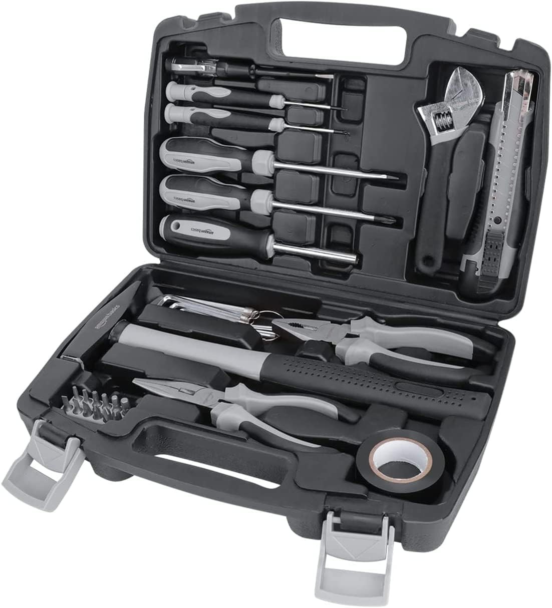 Amazon Basics 32 Pezzi Set Utensili Casa Nero Grigio | Kit Fai da Te