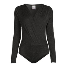 No Boundaries Juniors Shine Bodysuit Black Soot Silver Sparkle V-neck Wrap front