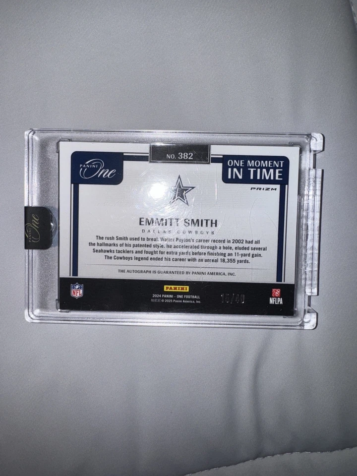 Panini One Moment In Time 2024 verde Emmitt Smith automático SSP/40 vaqueros sellado Foto 2 de 3