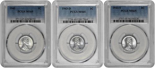 1943 P D S 1c Lincoln Steel Wheat Cent PCGS Graded MS 65 Three Coin Lot