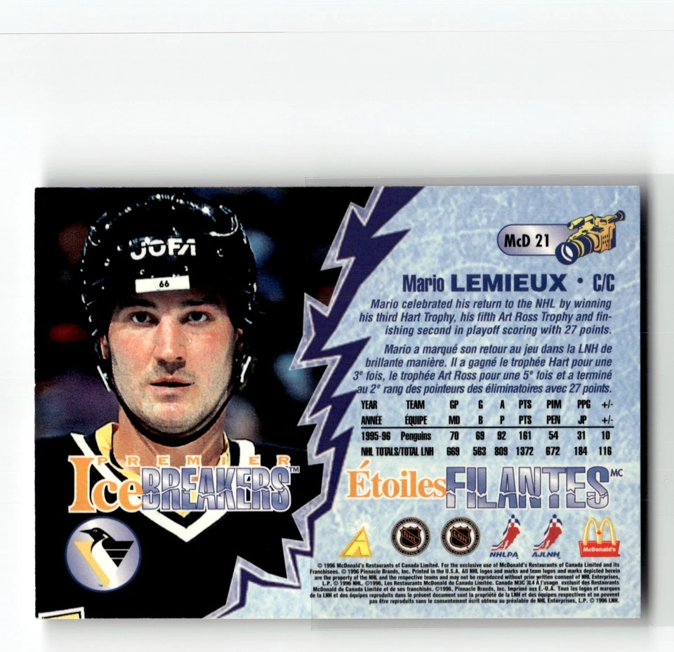 1996-97 Pinnacle McDonald's Mario Lemieux MCD21  NHL HOCKEY - Image 2 of 2