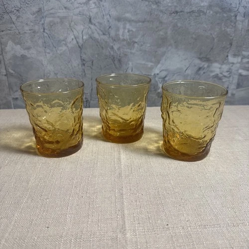 Vintage Anchor Hocking Juice short Glass cup Amber Milano Crinkle - set of 3