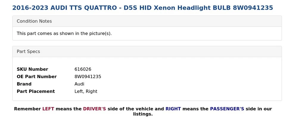AUDI TTS QUATTRO 2016-2023 - D5S HID faro de xenón bombilla 8W0941235 Foto 4 de 4