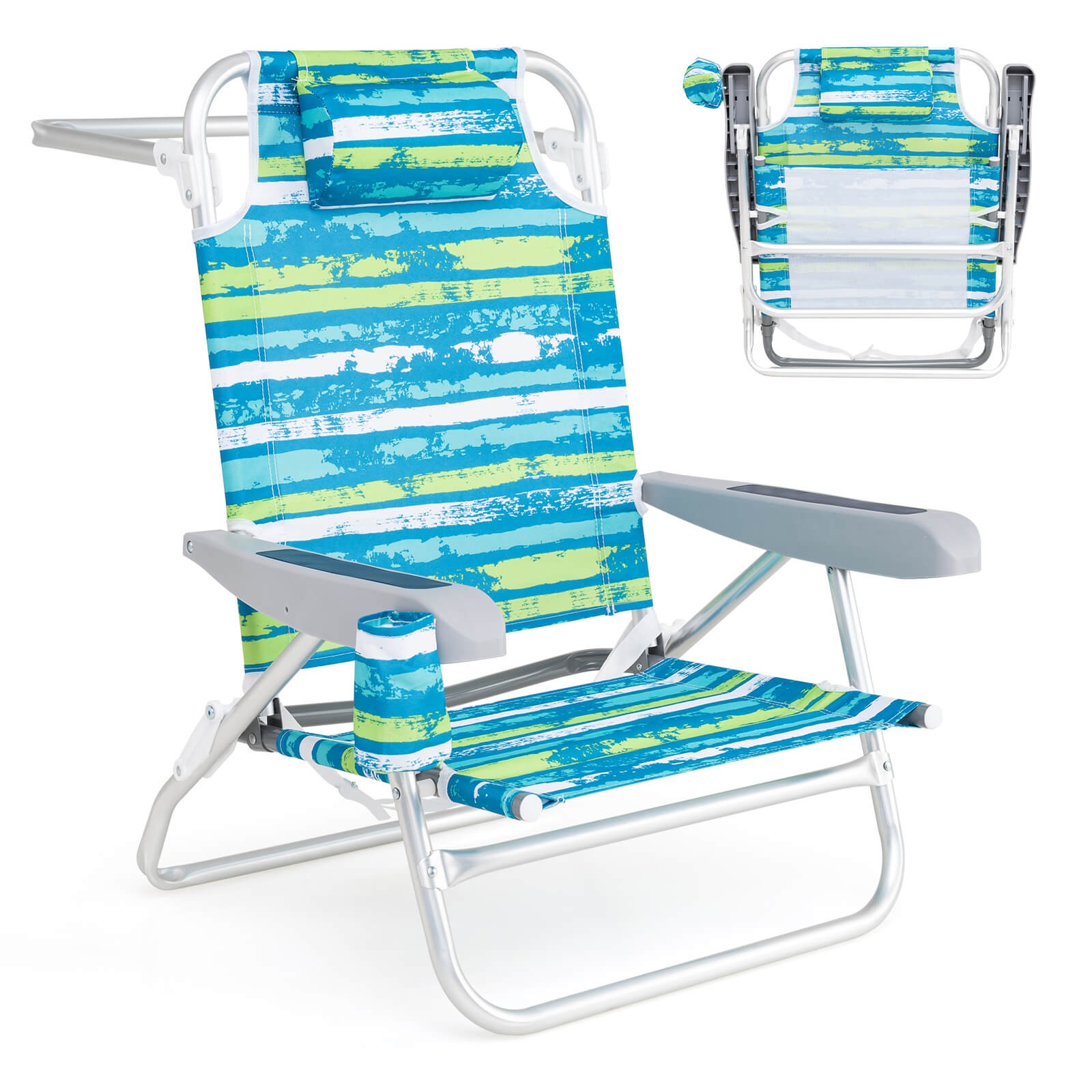 2 Pack Folding Beach Chair Lightweight Lay Flat Lounge Chair w/ Head Pillow