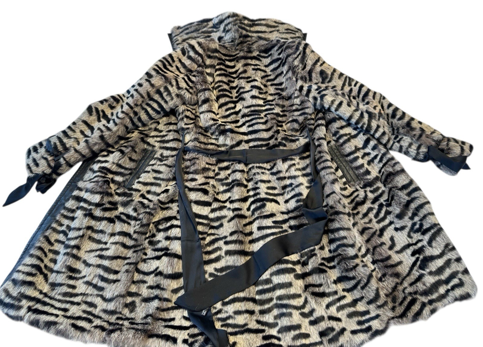 Vintage Bebe Dyed Rabbit Fur Coat Medium Tiger Stripe Print Leather Trim Belted