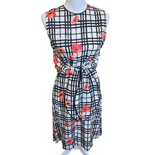 Lela Rose Sleeveless Midi Shift Dress Floral Tie Waist Black White Office Size 6