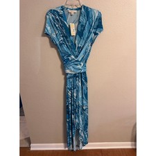 Michael Kors Maxi Dress Blue White Marble Print Faux Wrap NEW Size 14