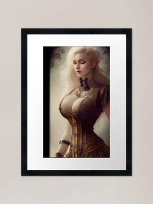 Steampunk wunderschöne Blondine im Korsett gerahmtes Wandbild Poster Leinwanddruck Bild