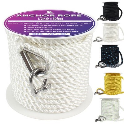 Boat Anchor Rope 50 ft x 1/2 inch White, 3 Strand Anchor Line Anchor Rope wit...