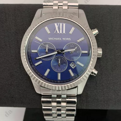 New Michael Kors MK8280 Men's Lexington Stainless Steel Silver/Navy Watch