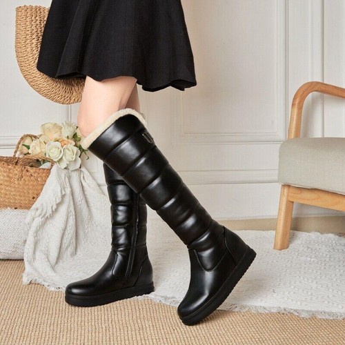 Women's Fashion Pink Winter Snow Hidden Wedge Heel Knee High Boots Fleece Lined - Imagen 8 de 13