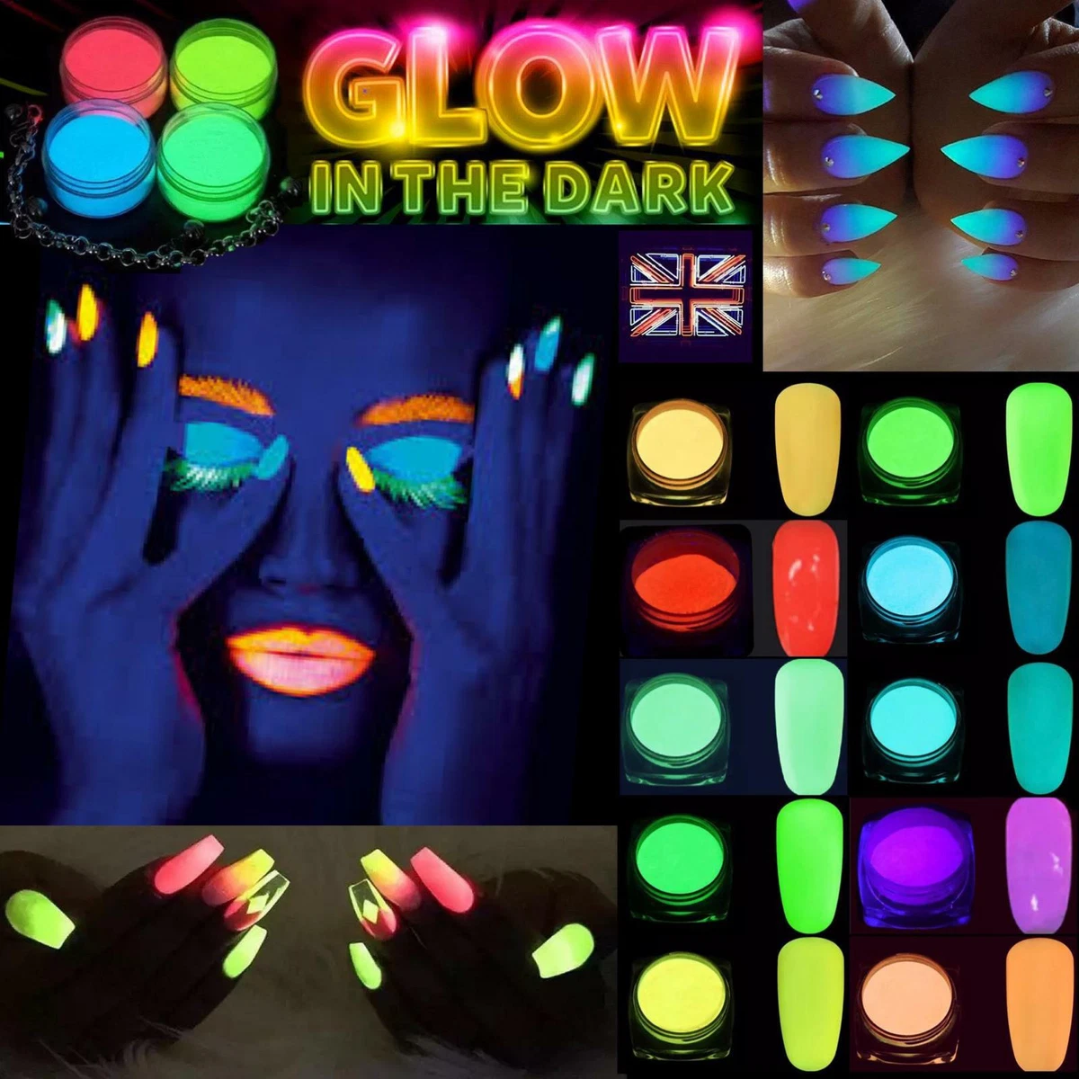 GLOW IN THE DARK POWDER LUMINESCENT ACRYLIC NAIL PAINTING NEON FLUORESCENT  UK