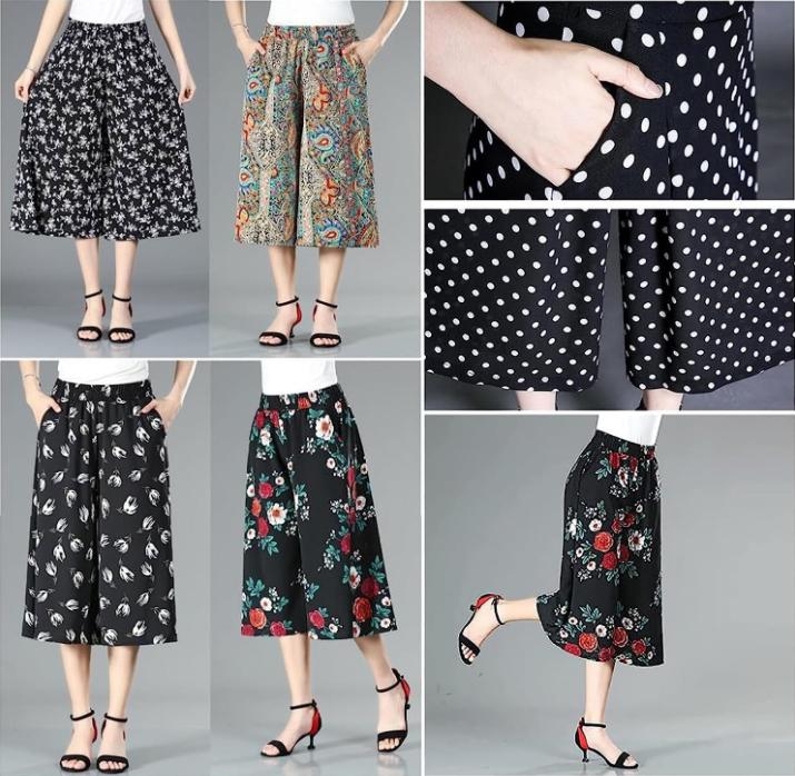 Women's Vintage Style Wide Leg Culottes, Elastic Waist